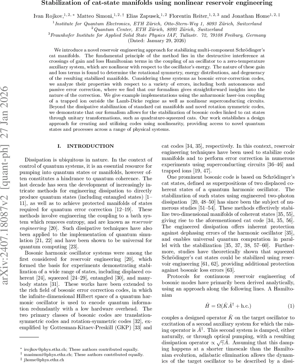 Stabilization of cat-state manifolds using nonlinear reservoir engineering