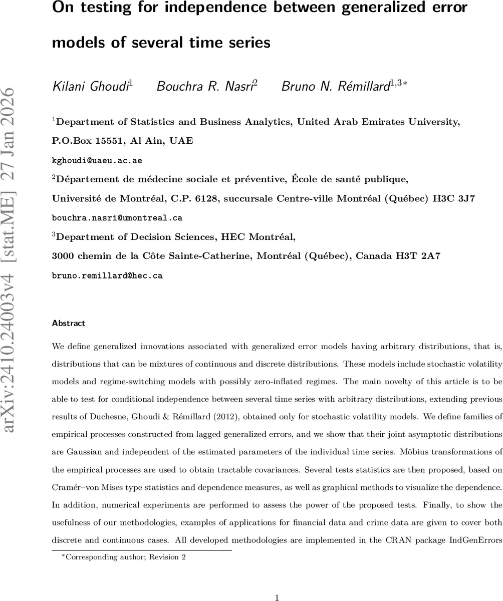 On testing for independence between generalized error models of several time series