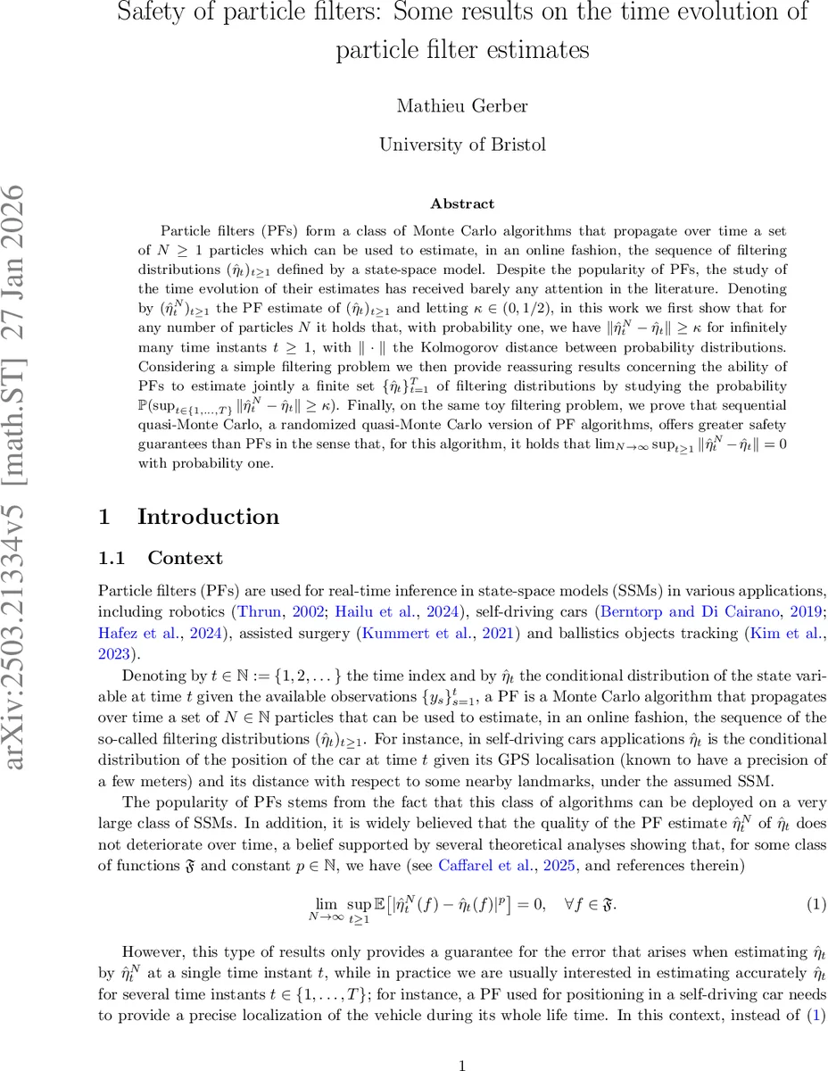 Safety of particle filters: Some results on the time evolution of particle filter estimates