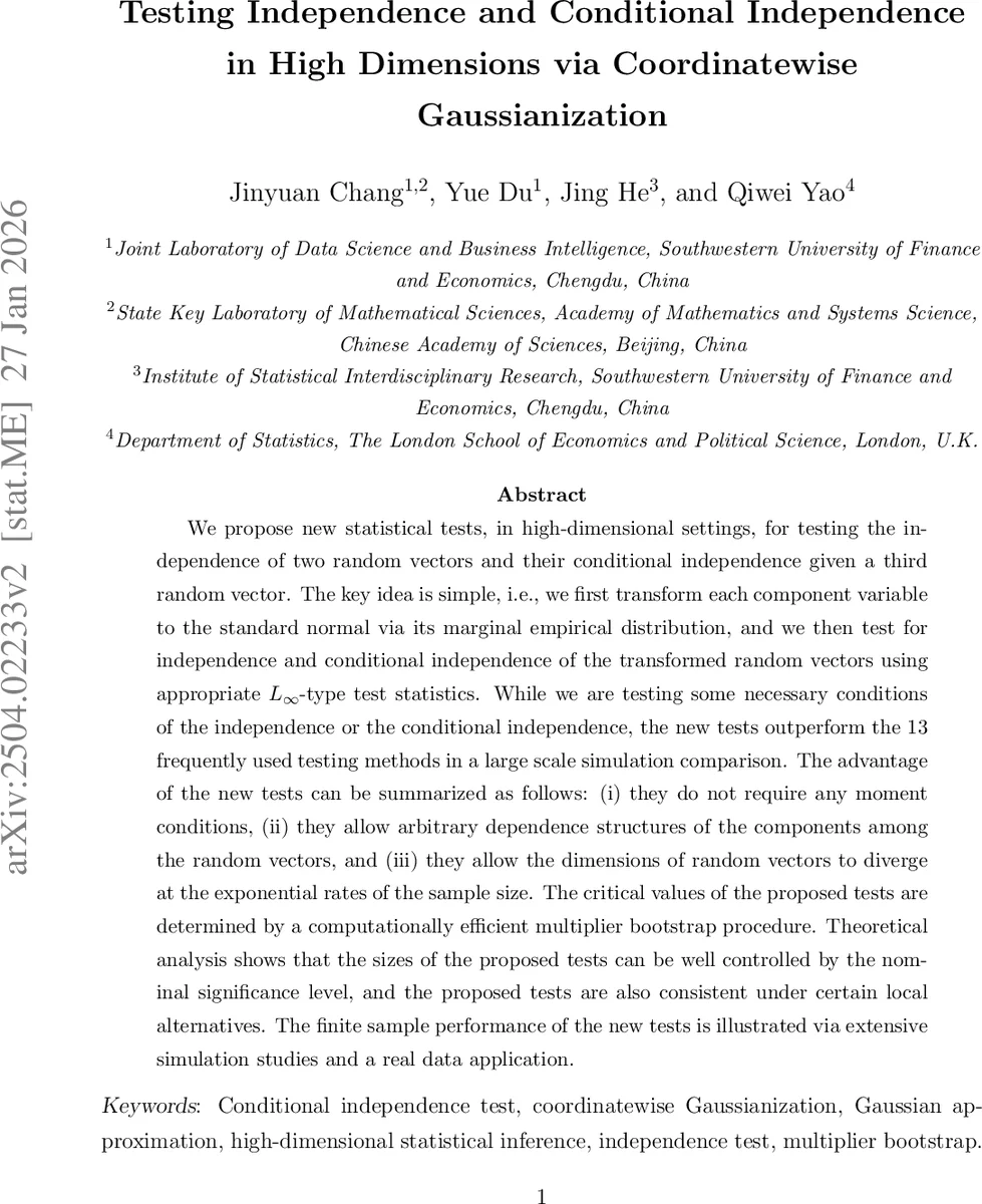 Testing independence and conditional independence in high dimensions via coordinatewise Gaussianization