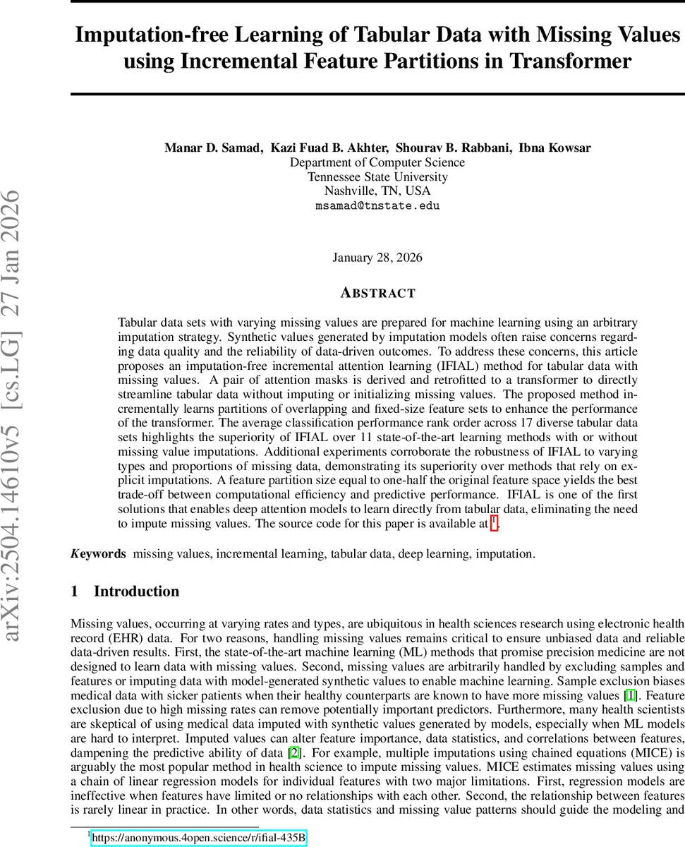 Imputation-free Learning of Tabular Data with Missing Values using Incremental Feature Partitions in Transformer