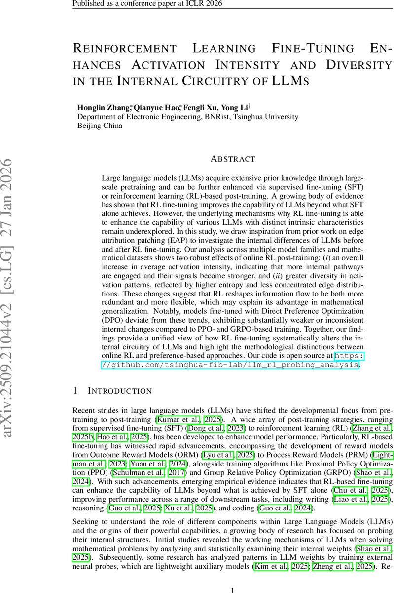 Reinforcement Learning Fine-Tuning Enhances Activation Intensity and Diversity in the Internal Circuitry of LLMs