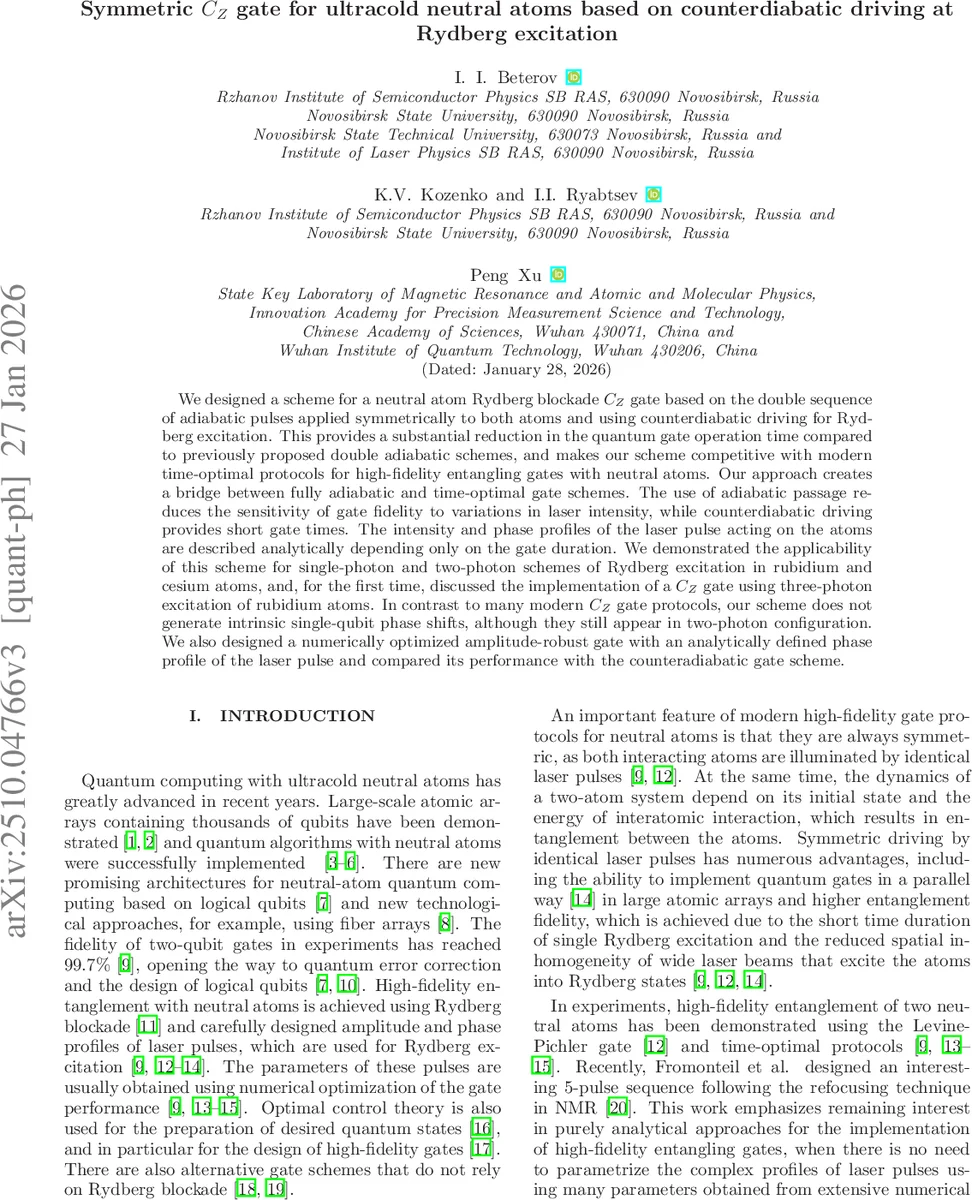 Symmetric $C_Z$ gate for ultracold neutral atoms based on counterdiabatic driving at Rydberg excitation