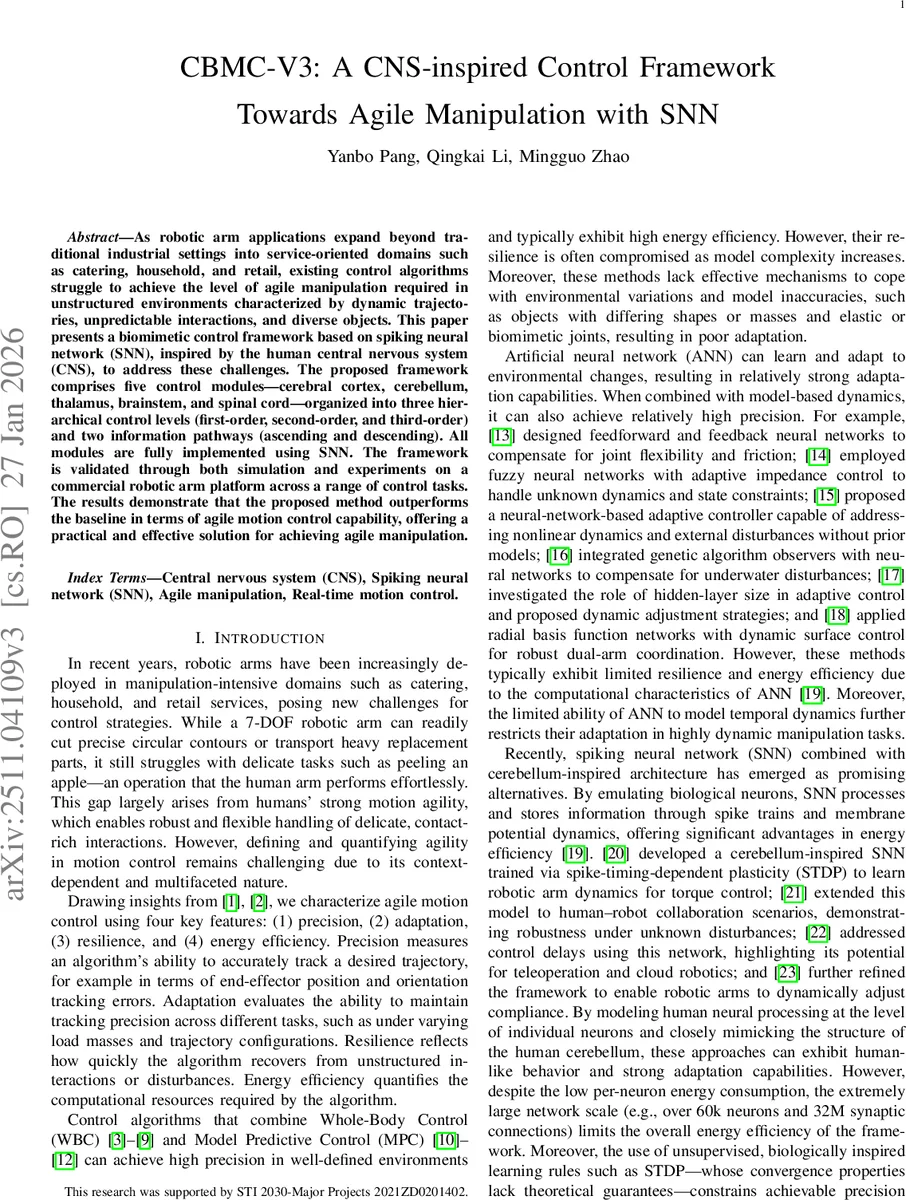 CBMC-V3: A CNS-inspired Control Framework Towards Agile Manipulation with SNN