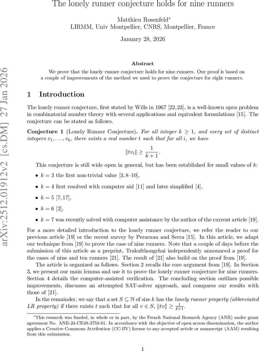 The lonely runner conjecture holds for nine runners