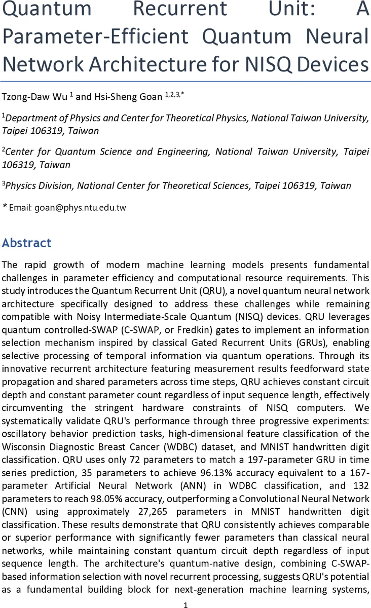 Quantum Recurrent Unit: A Parameter-Efficient Quantum Neural Network Architecture for NISQ Devices