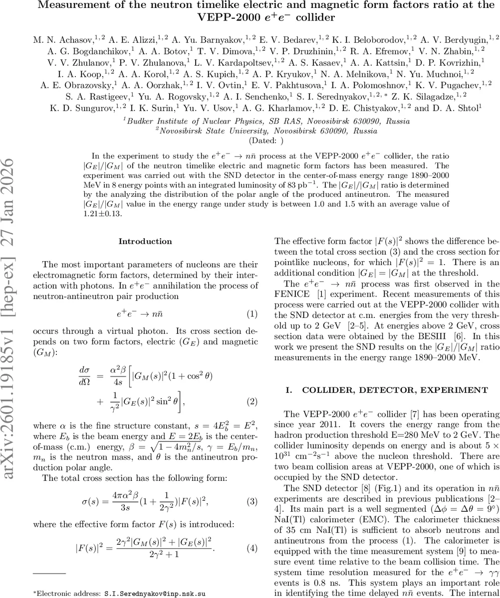 Measurement of the neutron timelike electric and magnetic form factors ratio at the VEPP-2000 $e^+e^-$ collider