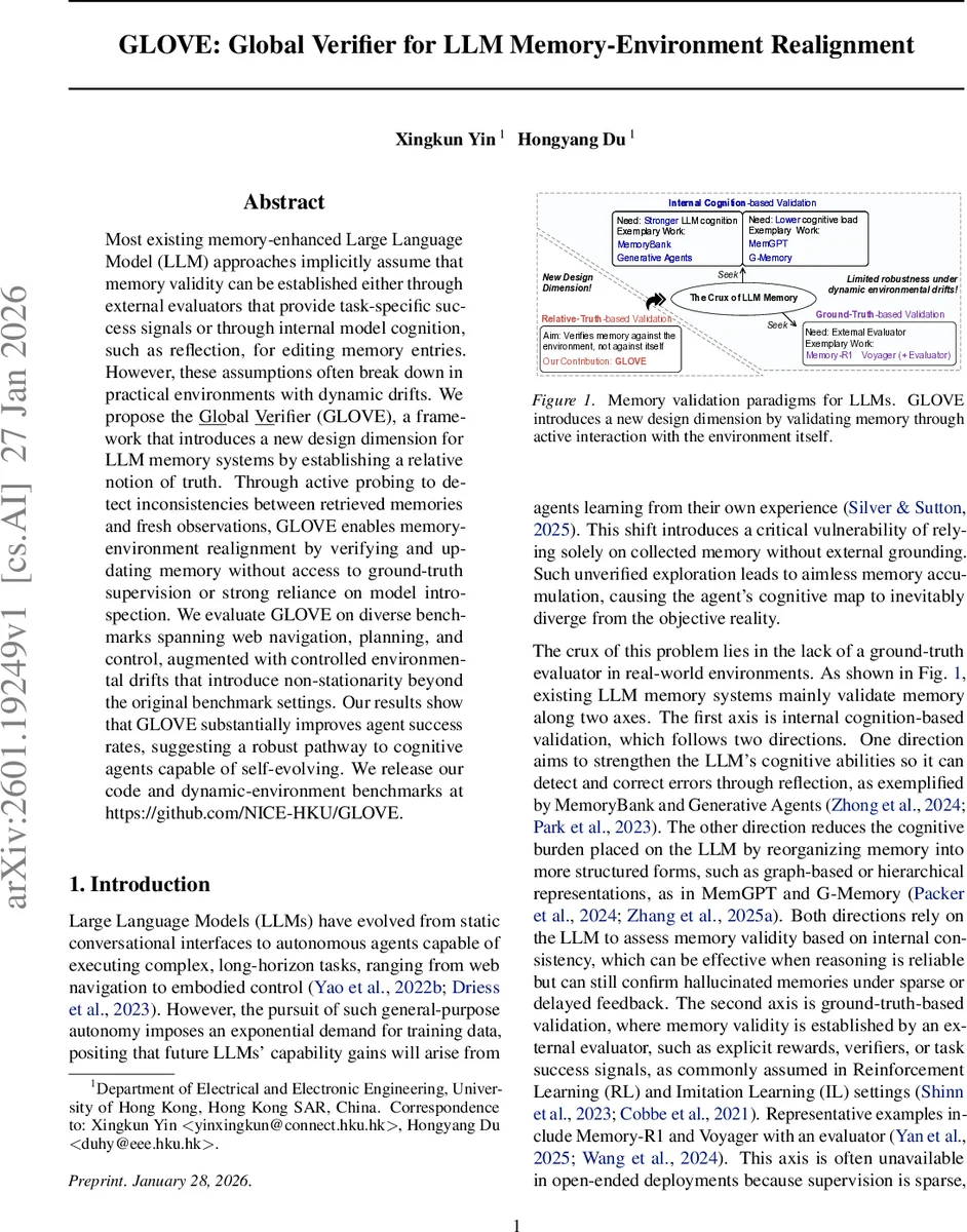 GLOVE: Global Verifier for LLM Memory-Environment Realignment