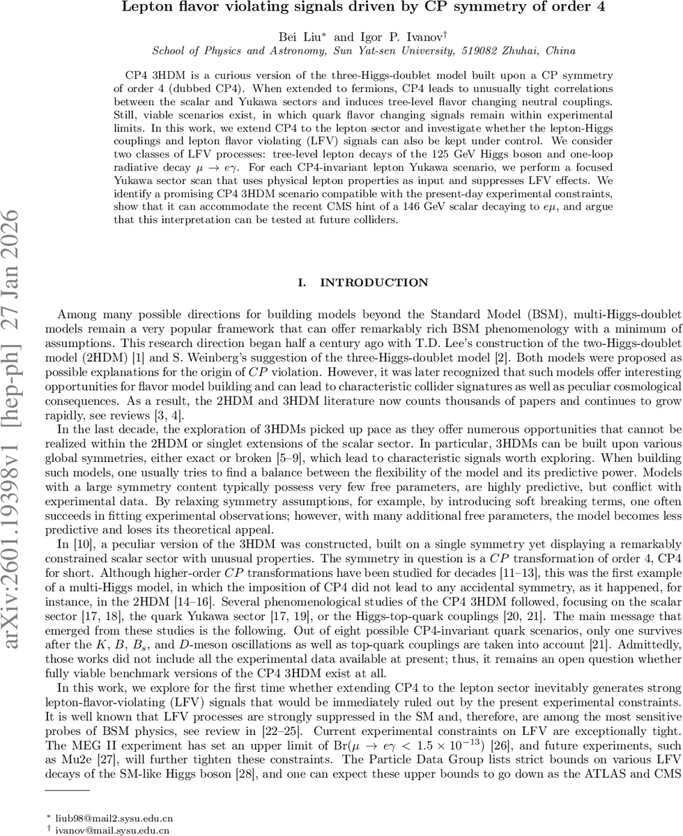 Lepton flavor violating signals driven by CP symmetry of order 4