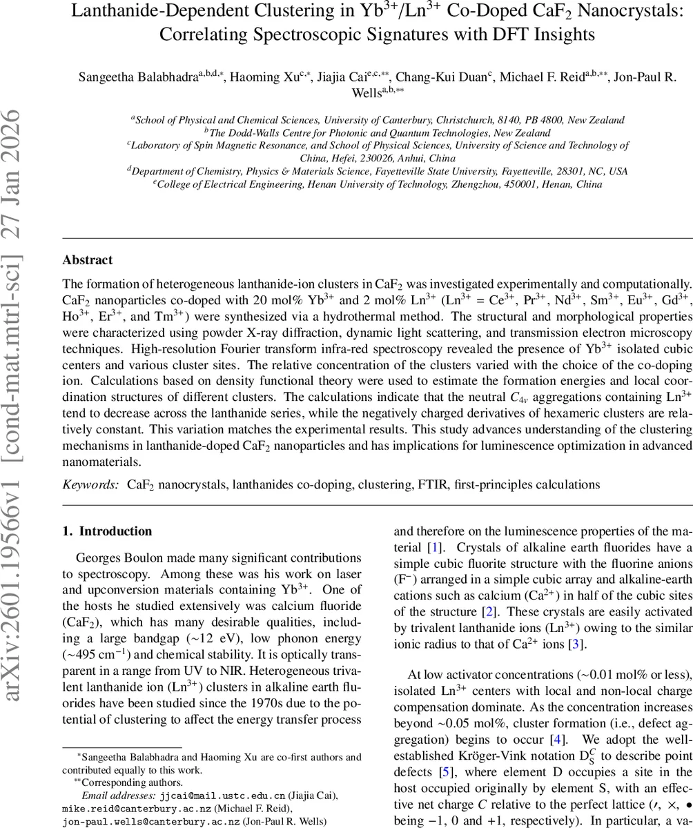 Lanthanide-Dependent Clustering in Yb$^{3+}$/Ln$^{3+}$ Co-Doped CaF$_2$ Nanocrystals: Correlating Spectroscopic Signatures with DFT Insights