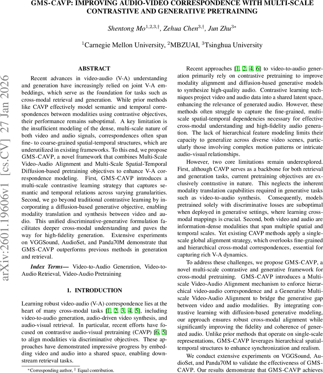 GMS-CAVP: Improving Audio-Video Correspondence with Multi-Scale Contrastive and Generative Pretraining
