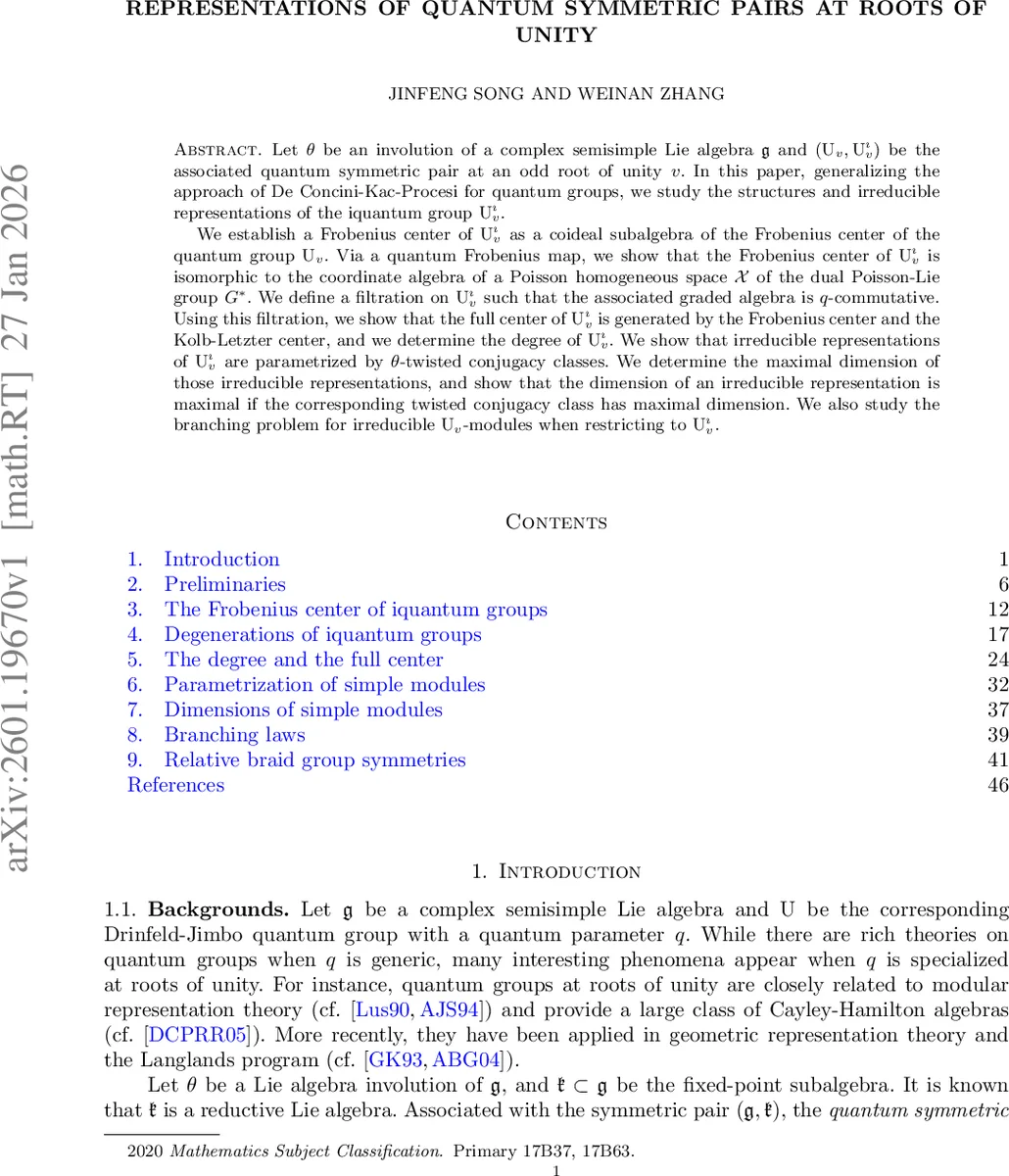 Representations of quantum symmetric pairs at roots of unity