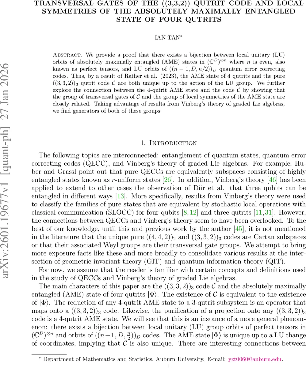 Transversal gates of the ((3,3,2)) qutrit code and local symmetries of the absolutely maximally entangled state of four qutrits