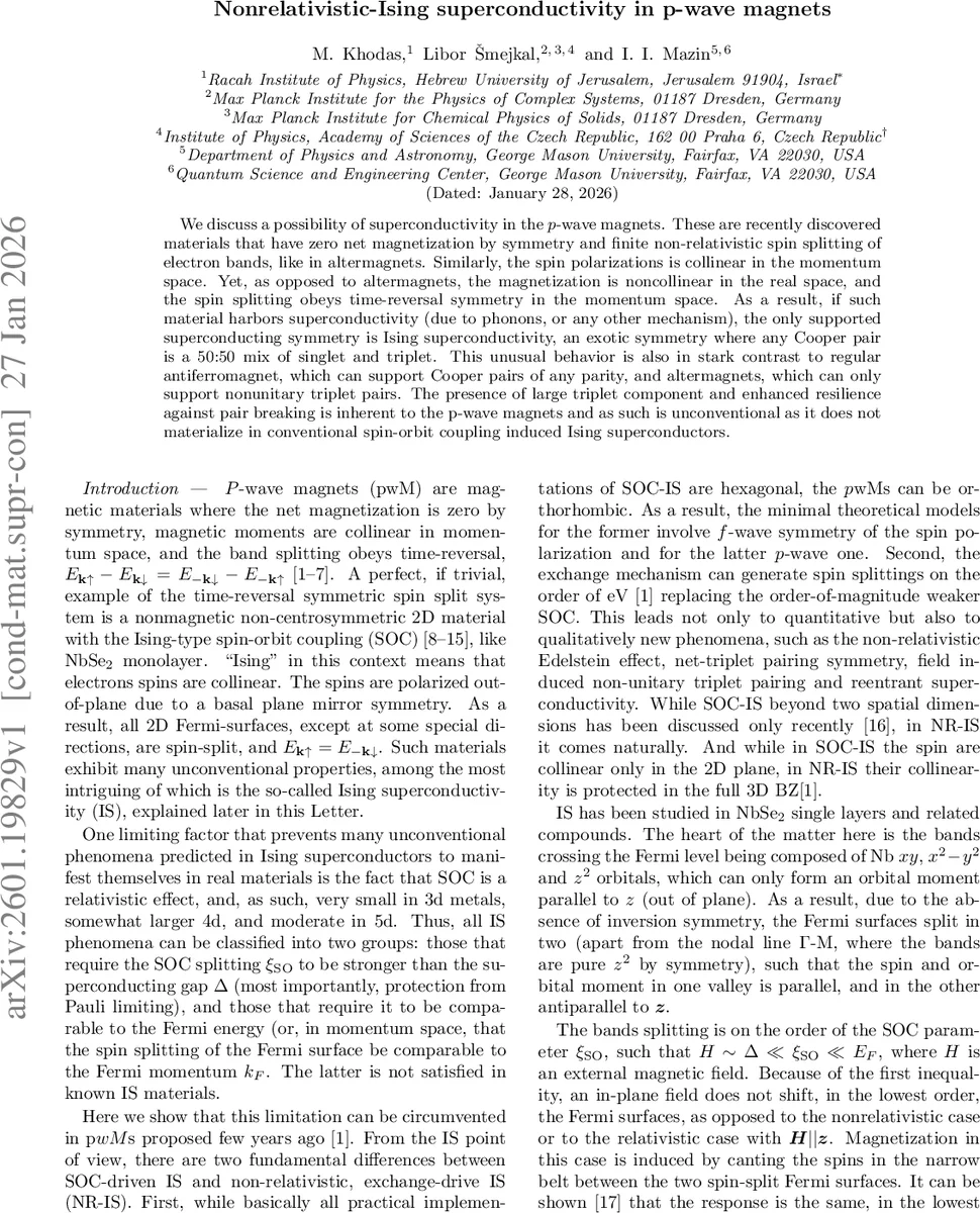 Nonrelativistic-Ising superconductivity in p-wave magnets