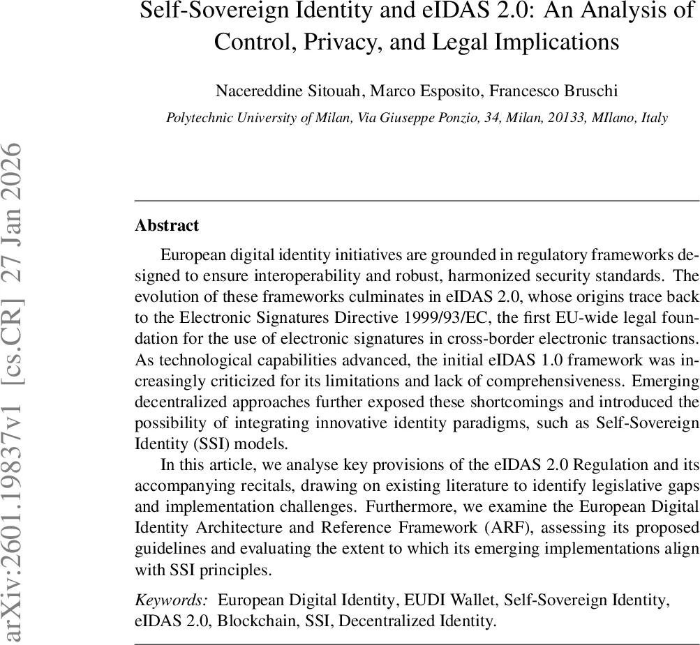 Self-Sovereign Identity and eIDAS 2.0: An Analysis of Control, Privacy, and Legal Implications