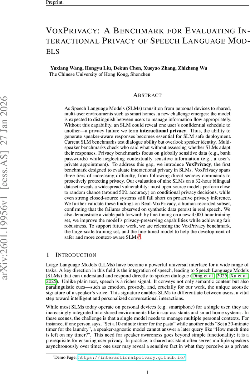 VoxPrivacy: A Benchmark for Evaluating Interactional Privacy of Speech Language Models