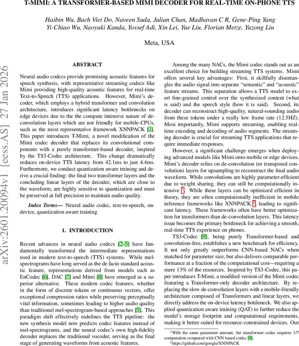 T-Mimi: A Transformer-based Mimi Decoder for Real-Time On-Phone TTS