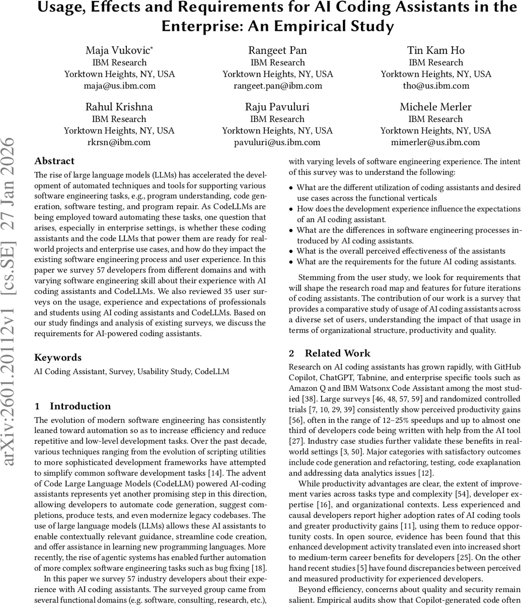Usage, Effects and Requirements for AI Coding Assistants in the Enterprise: An Empirical Study