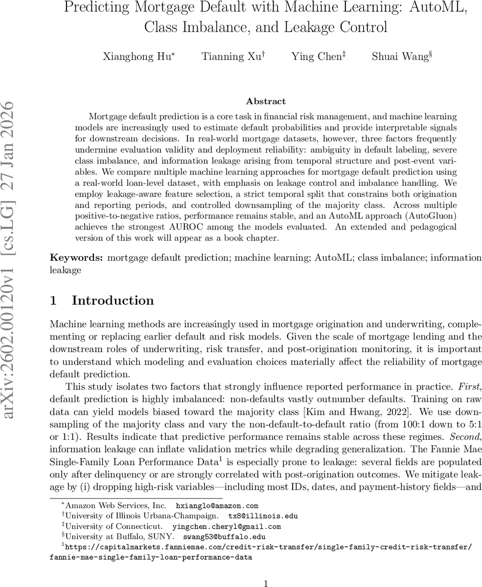 Predicting Mortgage Default with Machine Learning: AutoML, Class Imbalance, and Leakage Control