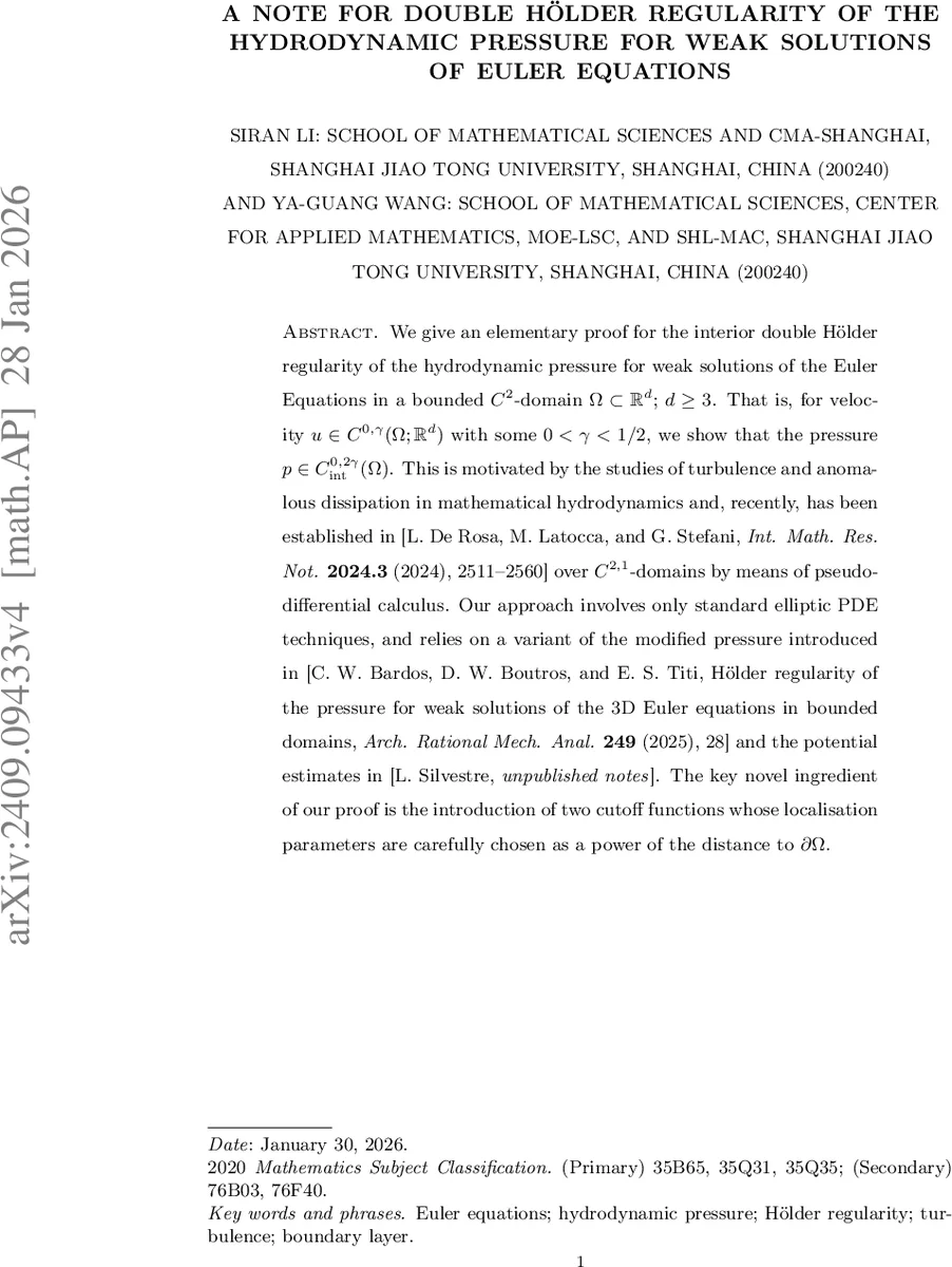 A note for double Hölder regularity of the hydrodynamic pressure for weak solutions of Euler equations