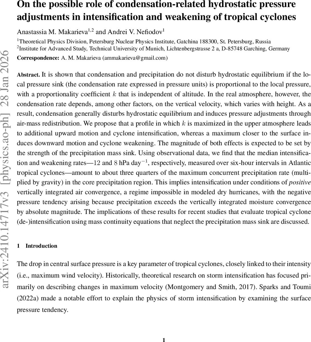 On the possible role of condensation-related hydrostatic pressure adjustments in intensification and weakening of tropical cyclones