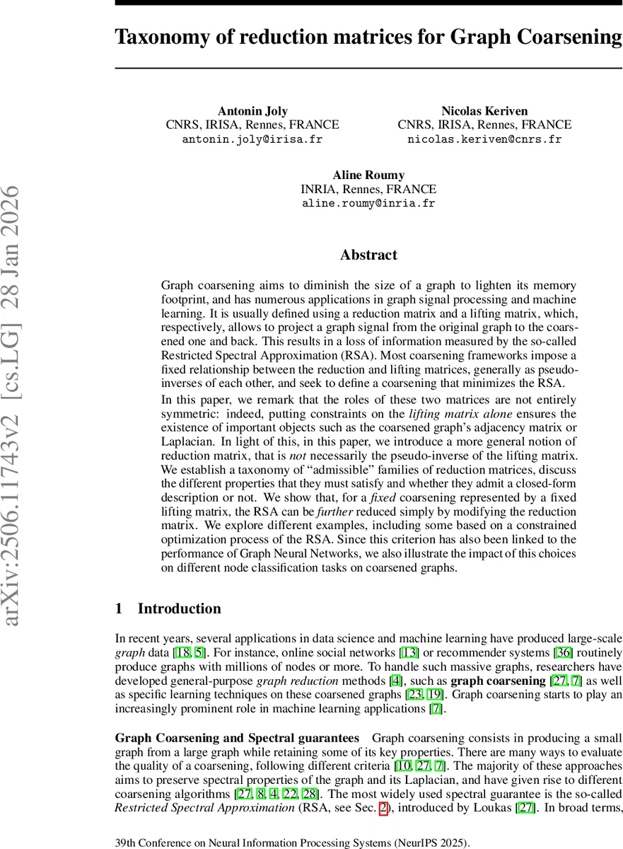 Taxonomy of reduction matrices for Graph Coarsening