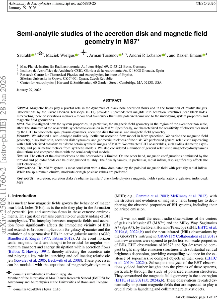 Semi-analytic studies of accretion disk and magnetic field geometry in M87*