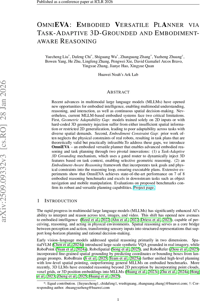 OmniEVA: Embodied Versatile Planner via Task-Adaptive 3D-Grounded and Embodiment-aware Reasoning