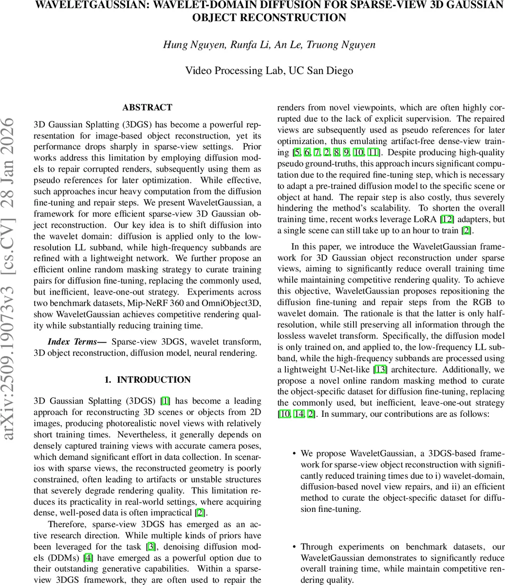 WaveletGaussian: Wavelet-domain Diffusion for Sparse-view 3D Gaussian Object Reconstruction