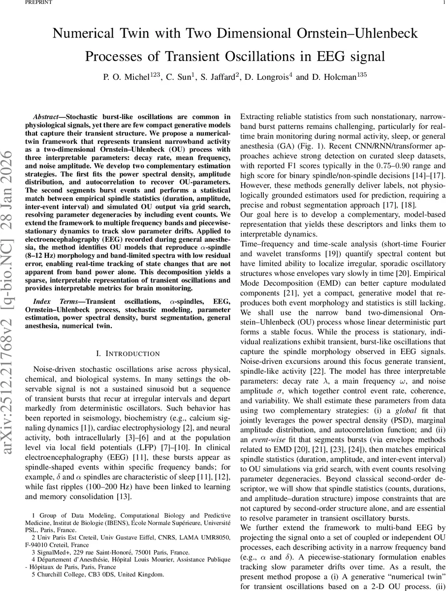 Numerical Twin with Two Dimensional Ornstein--Uhlenbeck Processes of Transient Oscillations in EEG signal