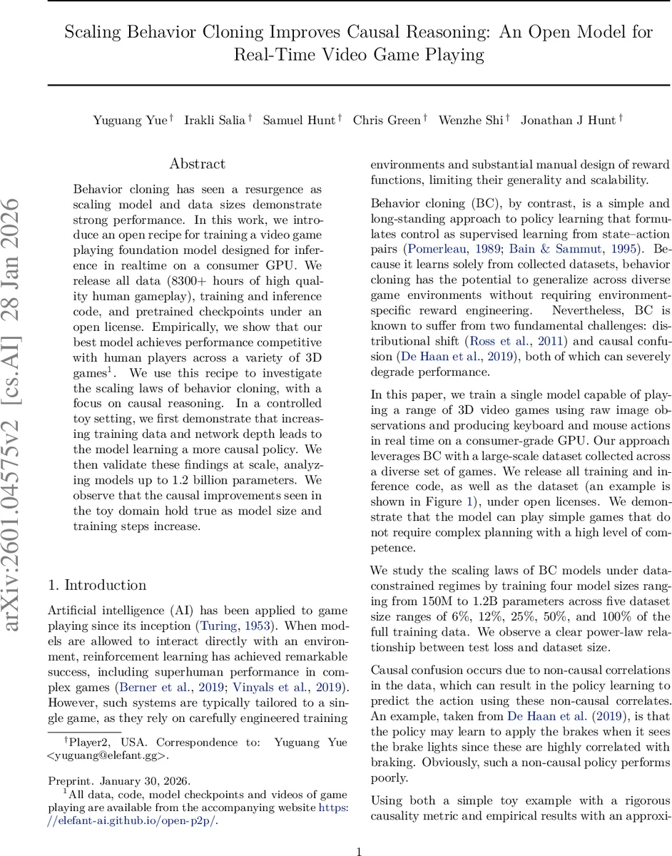 Scaling Behavior Cloning Improves Causal Reasoning: An Open Model for Real-Time Video Game Playing
