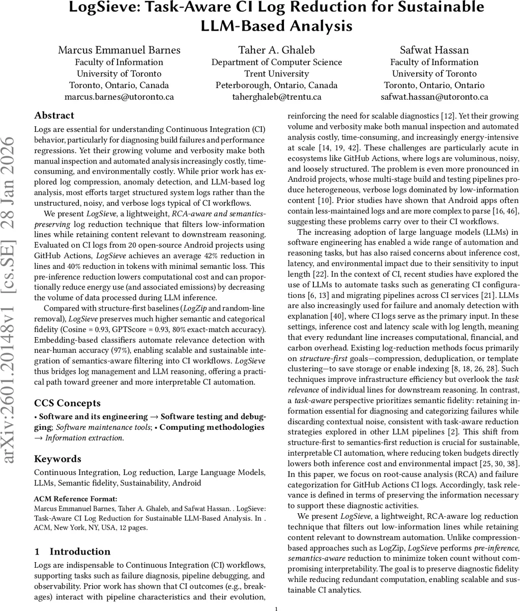 LogSieve: Task-Aware CI Log Reduction for Sustainable LLM-Based Analysis