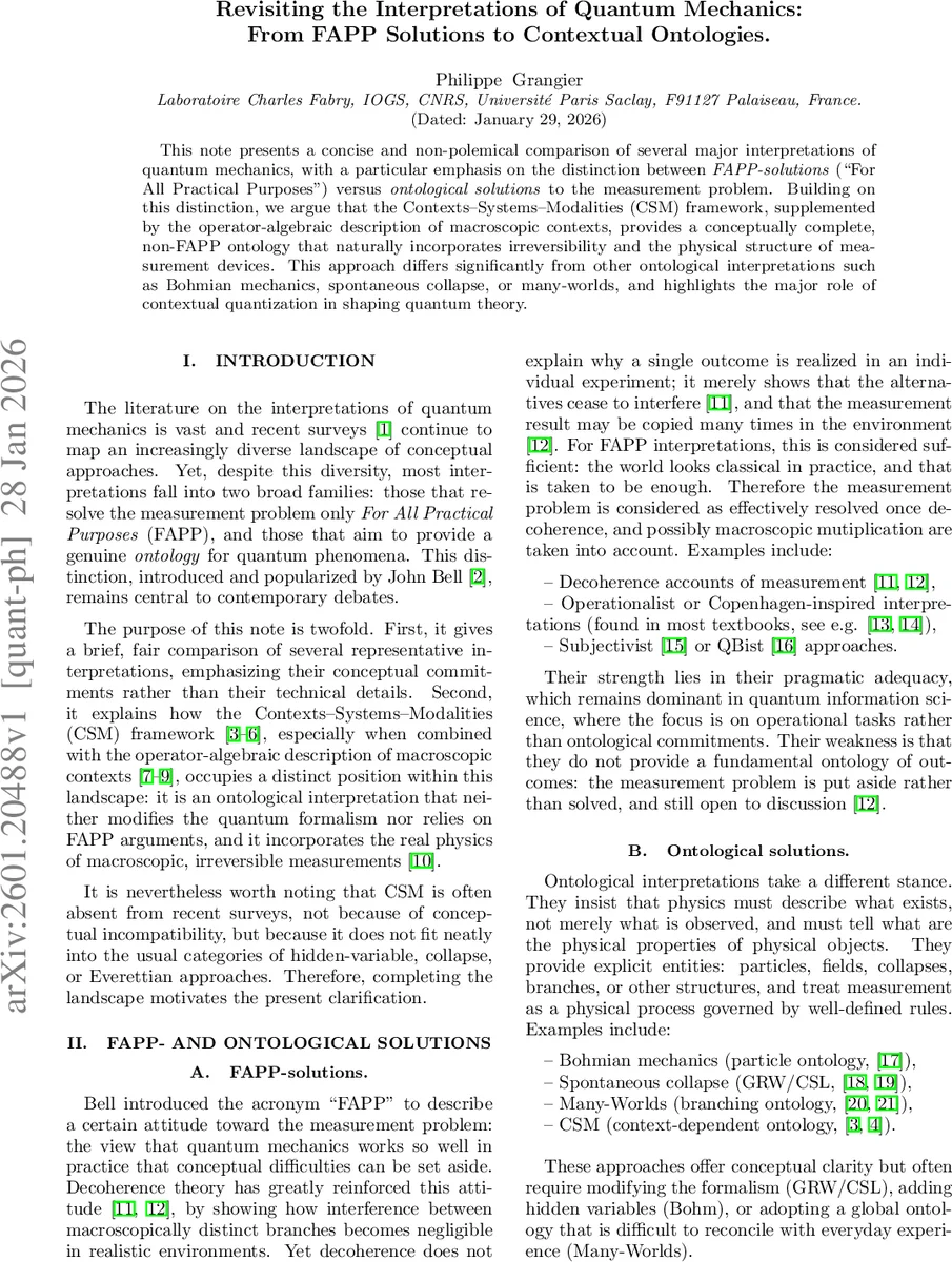 Revisiting the Interpretations of Quantum Mechanics: From FAPP Solutions to Contextual Ontologies