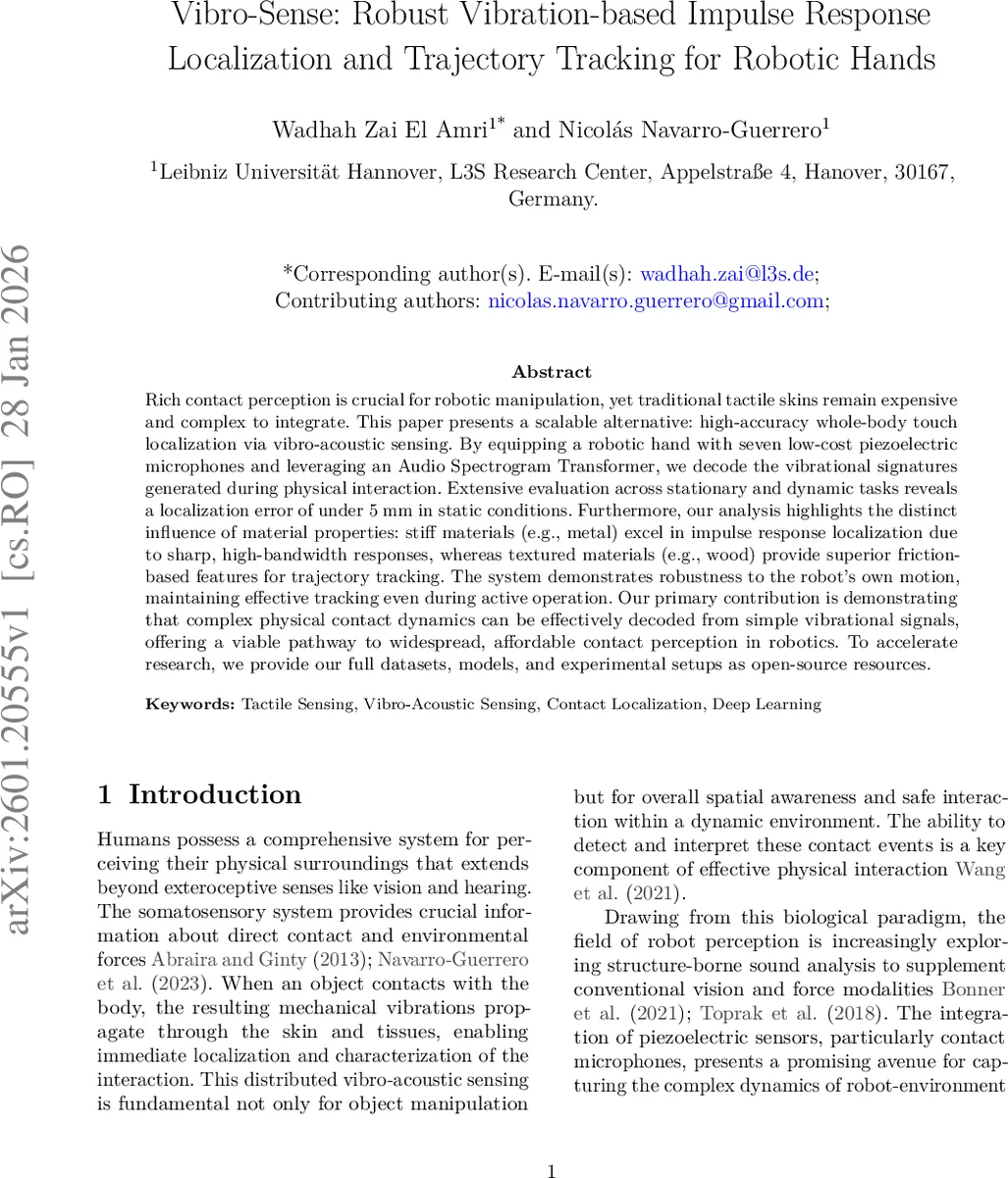 Vibro-Sense: Robust Vibration-based Impulse Response Localization and Trajectory Tracking for Robotic Hands