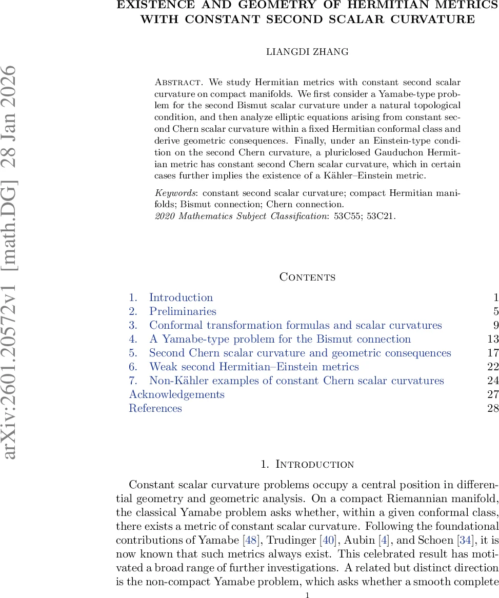 Existence and geometry of Hermitian metrics with constant second scalar curvature