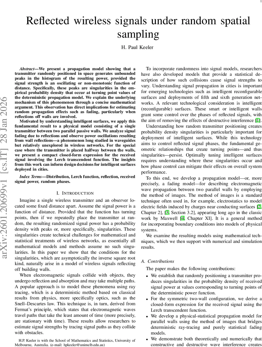 Reflected wireless signals under random spatial sampling