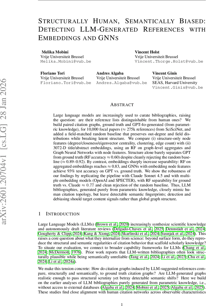 Structurally Human, Semantically Biased: Detecting LLM-Generated References with Embeddings and GNNs