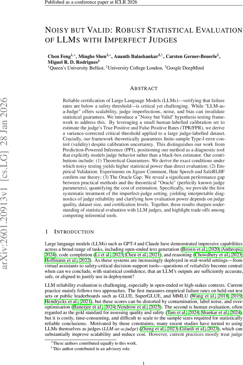 Noisy but Valid: Robust Statistical Evaluation of LLMs with Imperfect Judges