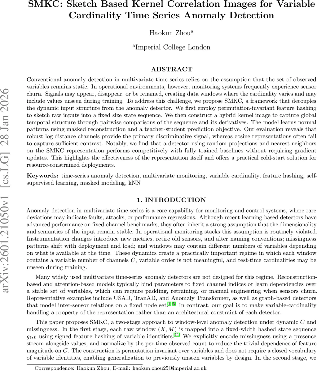 SMKC: Sketch Based Kernel Correlation Images for Variable Cardinality Time Series Anomaly Detection