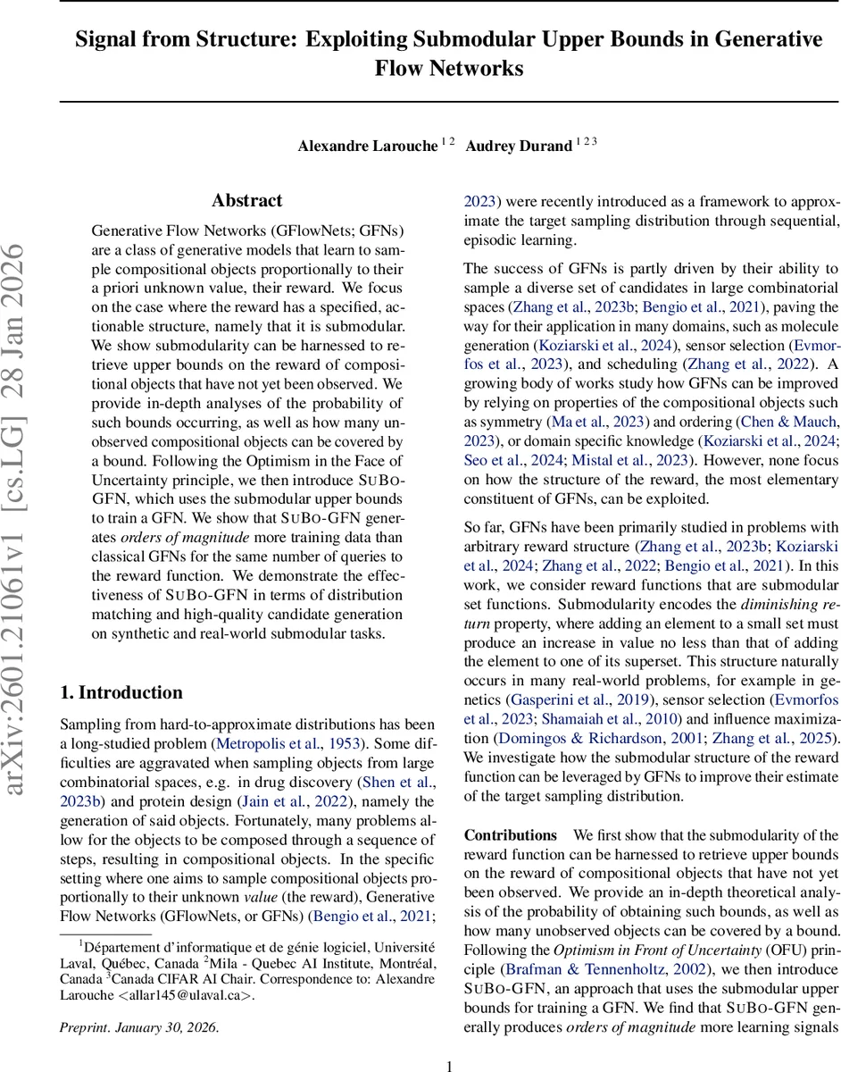 Signal from Structure: Exploiting Submodular Upper Bounds in Generative Flow Networks
