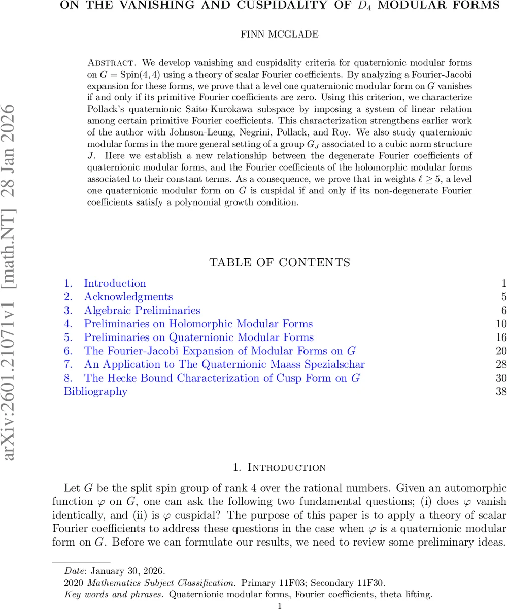 On the Vanishing and Cuspidality of $D_4$ Modular Forms