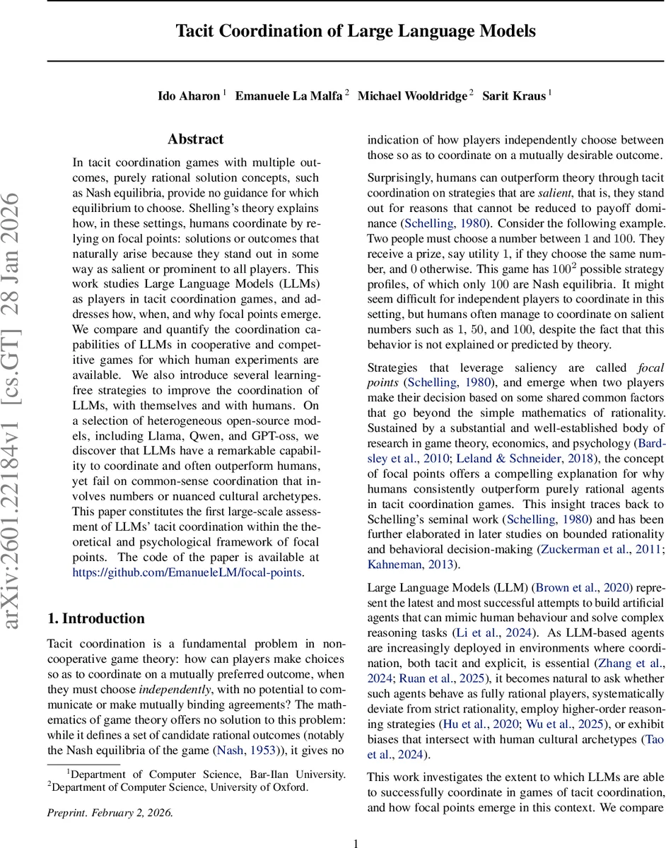 Tacit Coordination of Large Language Models