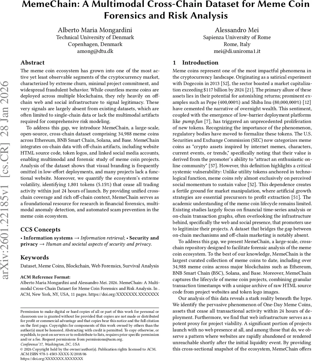 MemeChain: A Multimodal Cross-Chain Dataset for Meme Coin Forensics and Risk Analysis