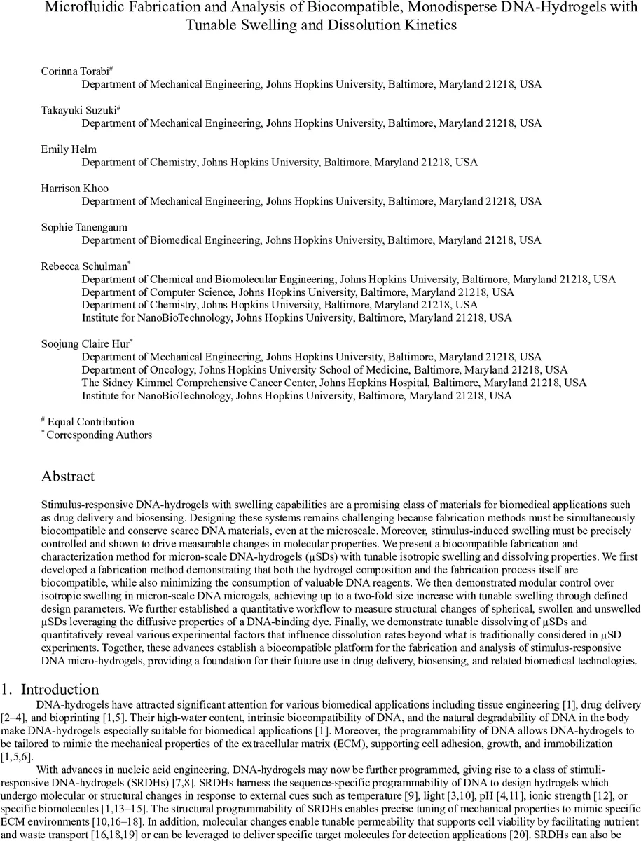 Microfluidic Fabrication and Analysis of Biocompatible, Monodisperse DNA-Hydrogels with Tunable Swelling and Dissolution Kinetics