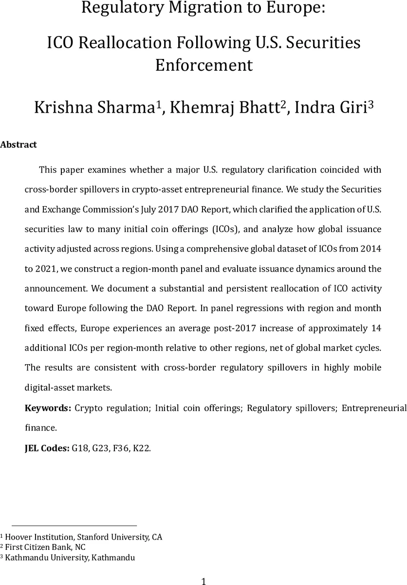 Regulatory Migration to Europe: ICO Reallocation Following U.S. Securities Enforcement
