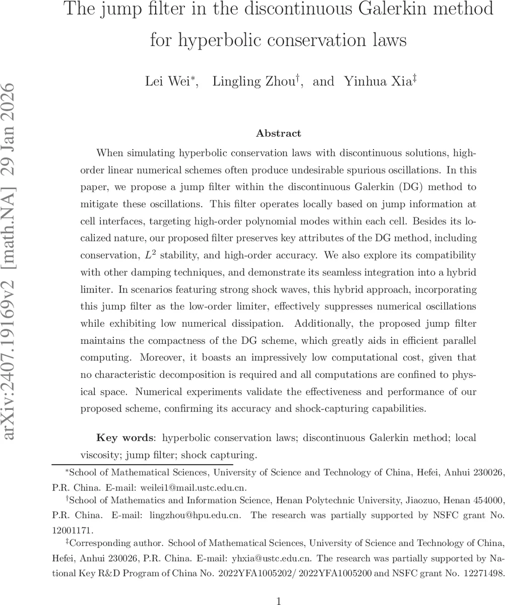 The jump filter in the discontinuous Galerkin method for hyperbolic conservation laws