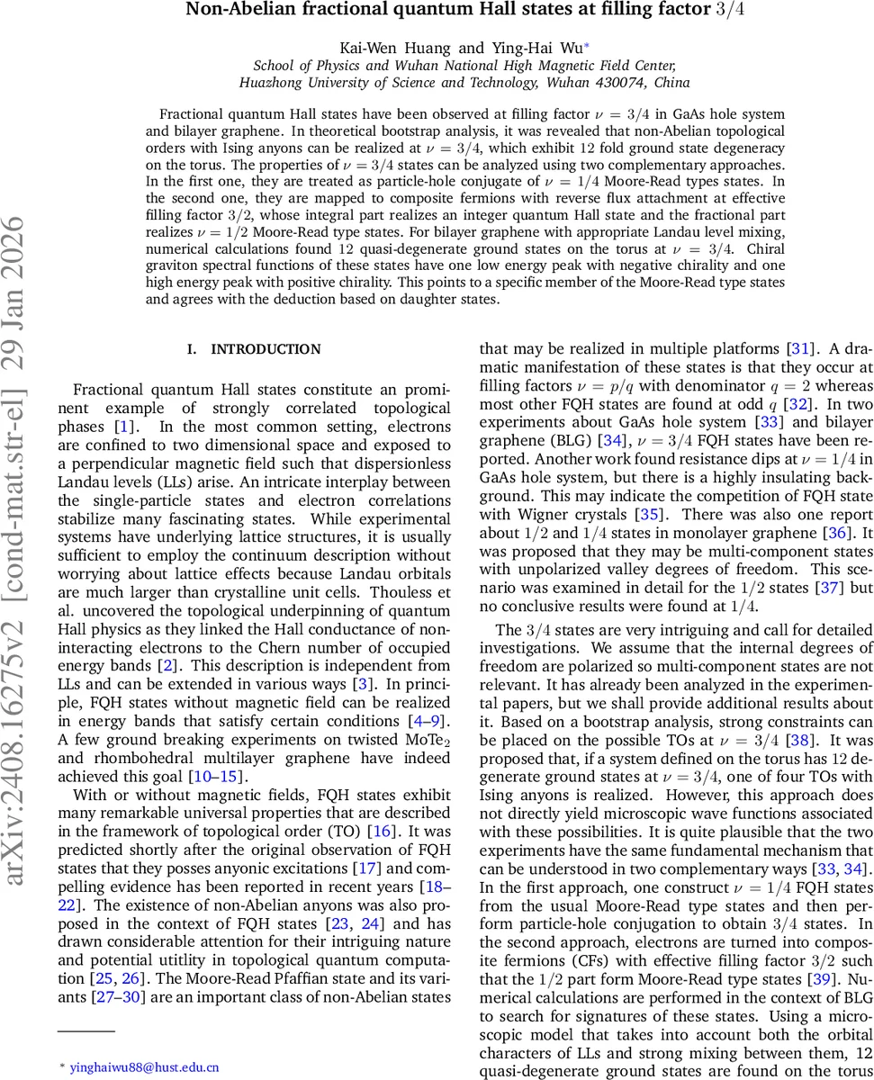 Non-Abelian fractional quantum Hall states at filling factor 3/4
