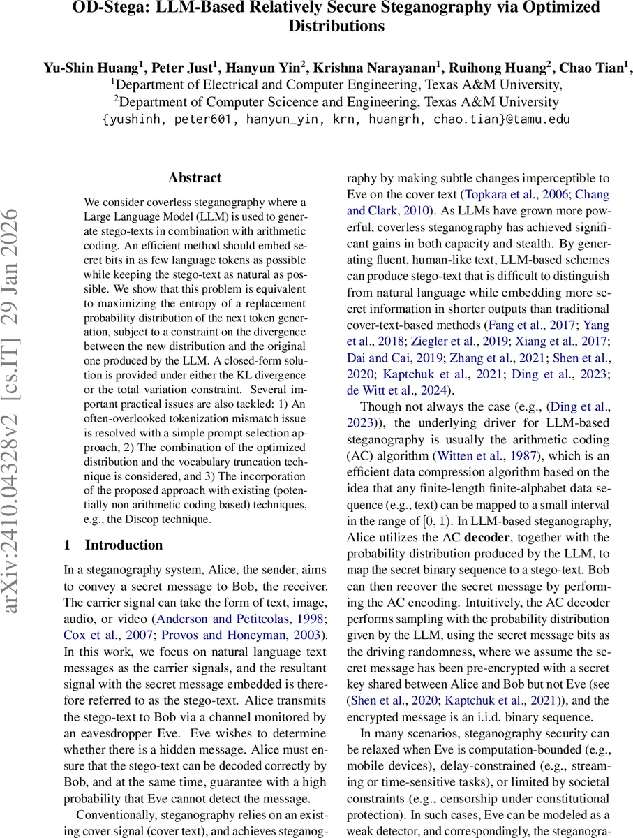 OD-Stega: LLM-Based Relatively Secure Steganography via Optimized Distributions