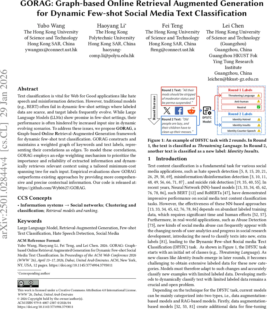 GORAG: Graph-based Online Retrieval Augmented Generation for Dynamic Few-shot Social Media Text Classification