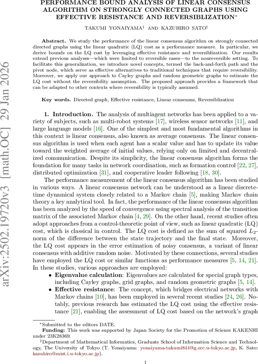 Performance bound analysis of linear consensus algorithm on strongly connected graphs using effective resistance and reversiblization
